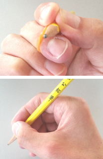 輪ゴムを用いて鉛筆の持ち方を矯正する場合の親指・人差し指・中指の位置